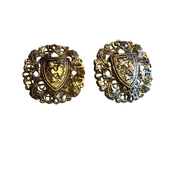 Gold Tone Clipon Earrings Vintage Family Crest Style - Picture 1 of 5